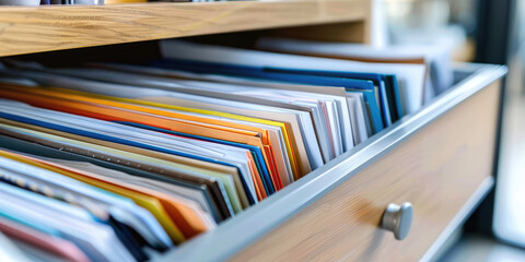 Closeup of open storage cabinet drawer with multicolored folders of many paperwork documents, background with copy space