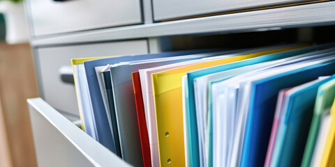 Closeup of open storage cabinet drawer with multicolored folders of many paperwork documents, background with copy space