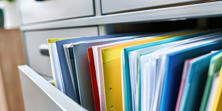 Closeup of open storage cabinet drawer with multicolored folders of many paperwork documents, background with copy space