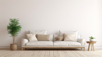 Luxurious soft sofa with pillows against a wall with plants