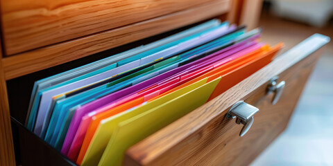 Closeup of open storage cabinet drawer with multicolored folders of many paperwork documents, background with copy space
