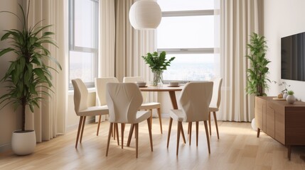 Modern interior of a dining room by the window in a minimalist style