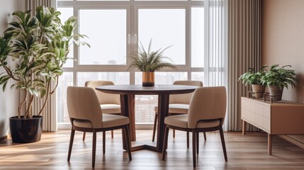 Obraz premium Modern interior of a dining room by the window in a minimalist style