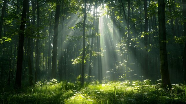 Beautiful forest with sunlight filtering through the trees, creating an enchanting and peaceful atmosphere. a dreamlike atmosphere, a forest scene.