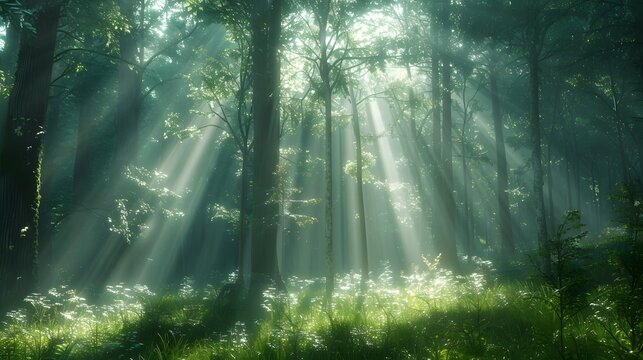 Beautiful forest with sunlight filtering through the trees, creating an enchanting and peaceful atmosphere. a dreamlike atmosphere, a forest scene.