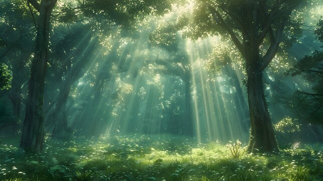 Beautiful forest with sunlight filtering through the trees, creating an enchanting and peaceful atmosphere. a dreamlike atmosphere, a forest scene.