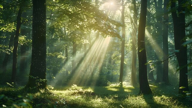 Beautiful forest with sunlight filtering through the trees, creating an enchanting and peaceful atmosphere. a dreamlike atmosphere, a forest scene.