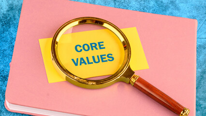 Copy space. Business and core values concept. The Core Values text on a yellow business card with a...