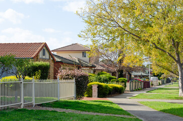 A row of residential houses and suburban Australian homes with a footpath and lush green trees along the street. Clean and comfortable neighborhood.