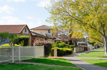 A row of residential houses and suburban Australian homes with a footpath and lush green trees...