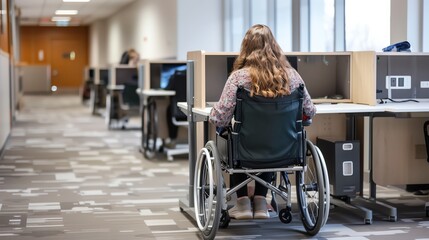 A student in a wheelchair using a specially designed study area with adjustable desks