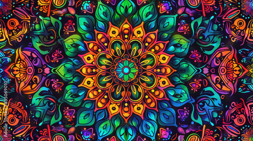 Wall mural an intricate mandala pattern with vibrant, symmetrical designs in every shade of the rainbow.