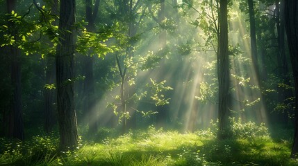 Obraz premium Beautiful forest with sunlight filtering through the trees, creating an enchanting and peaceful atmosphere. a dreamlike atmosphere, a forest scene.