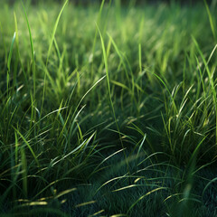 tiny drops of dew on the green grass in the early morning. Grass on the field as a background. Agricultural composition in the summer time