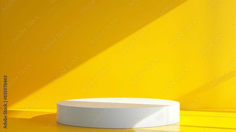 Poster A white circular platform is set against a vibrant yellow background, illuminated by angled sunlight, creating strong shadows.