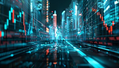 Fototapeta premium Modern digital stock market background featuring holograms of stock charts and performance indicators