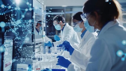 Scientists in a modern laboratory conduct research, work on experiments, and analyze data while wearing protective gear and using advanced technology.