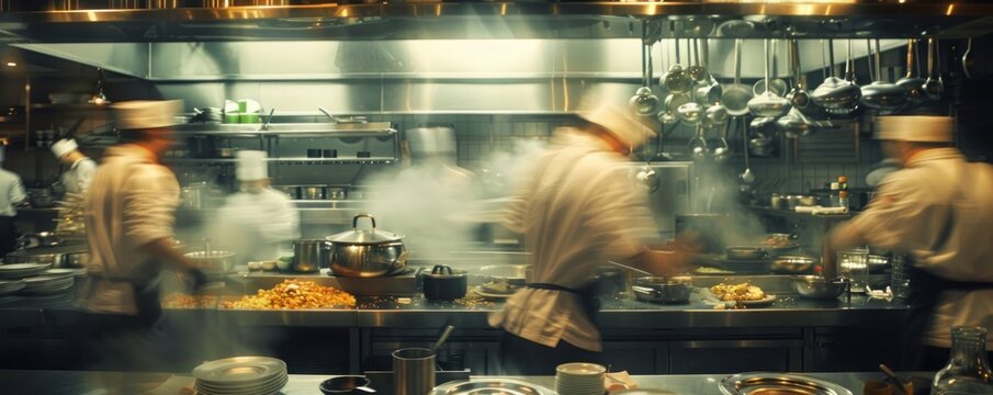 A blurry image of chefs in a kitchen preparing food. The chefs are wearing white coats and are busy with their tasks. Scene is busy and energetic, as the chefs are working together to prepare a meal