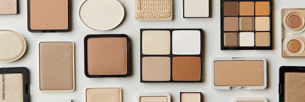 Poster a flat lay showcasing a variety of contouring palettes and highlighters, featuring various colors an