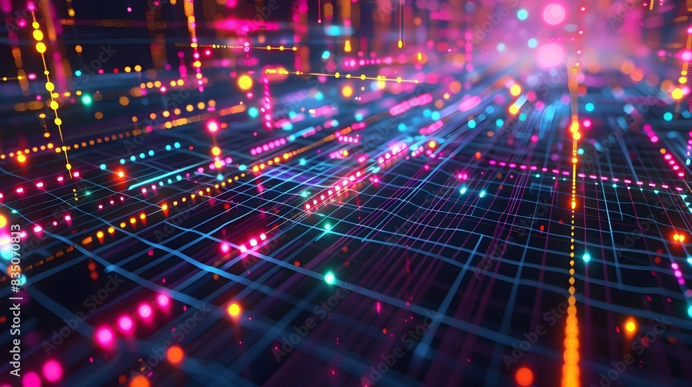 Poster dynamic digital landscape with pulsing neon lights and futuristic grid patterns
