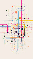 abstract background simple minimalist line drawing subway map white background colorful lines and dots