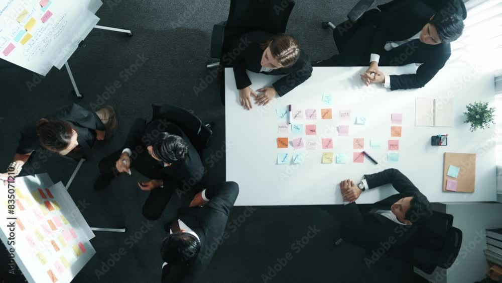 Poster top down aerial view of professional business team present project and turn around to clap hands and