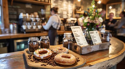 Rustic Coffee Shop Counter with Decorated Donuts and Coffee Beans.