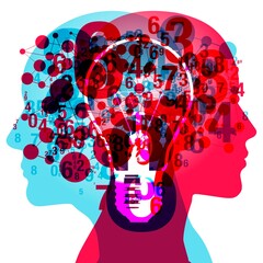 An abstract digital illustration depicting two human profiles, overlapping with a lightbulb in the centre. Surrounding the profiles are scattered numbers, forming a web of interconnectedness.