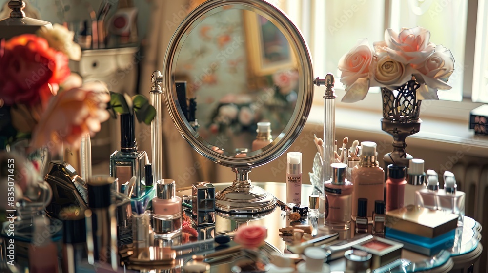 Poster a vanity table with a large, elegant mirror surrounded by various cosmetic products. generative ai