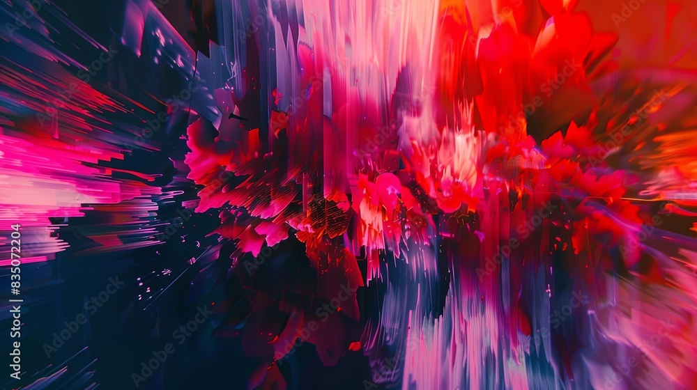 Poster vibrant and colorful abstract art with a dynamic blend of reds, pinks, and blues creating an energet