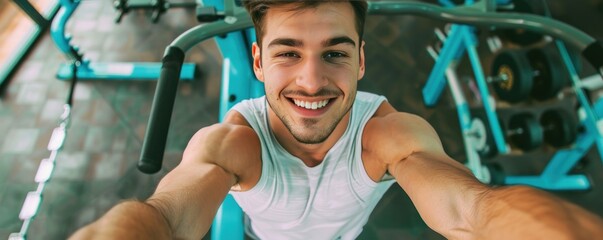 A fitness man is smiling and taking a selfie in a gym.