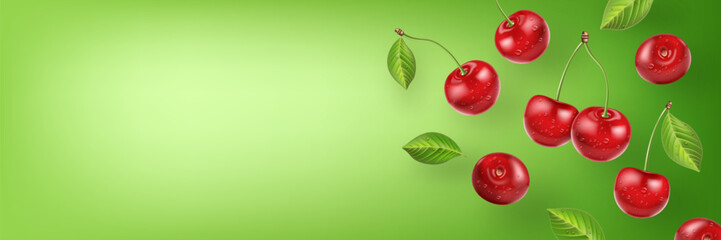Flying realistic cherry on soft green background. Fresh red cherries with leaves and transparent water drops.