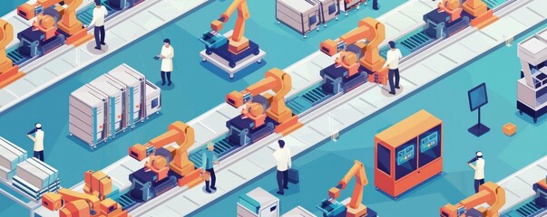 A factory scene with robots and people working. Scene is industrial and futuristic. The robots are working on a conveyor belt, and there are several people in the scene