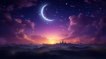 Fototapeta premium Ramadan dusk picture. Beautiful religious background with crescent, stars and glowing clouds, copy space, generative ai