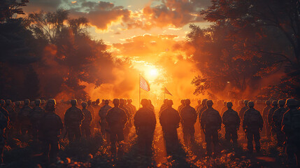 Memorial Day flag ceremony with soldiers raising the American flag surrounded by a respectful crowd HDR Imaging and AI Autofocus capture the sharp details and vibrant colors of the scene