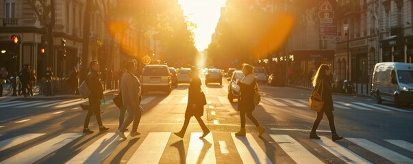 A busy city street with people walking and a large sun in the sky. Scene is lively and bustling