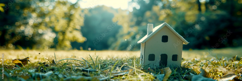 Poster a small model house placed on a grassy background, bathed in sunlight, representing the concept of h