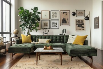 A cozy MidCentury Modern living room with dark walnut floors and a green sectional sofa with wooden legs The sofa is paired with mustard yellow and white cushions A rectangular cof