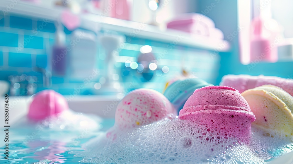Poster close-up of colorful bath bombs floating in a bath with foamy bubbles. generative ai