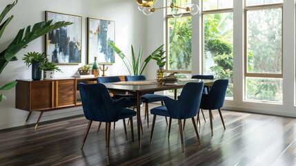 An elegant MidCentury Modern dining room with dark walnut floors and large windows that let in plenty of natural light A sleek wooden dining table with angled legs is surrounded by
