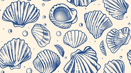 Handdrawn line art style seamless pattern with stylized seashells and bubbles on a neutral background