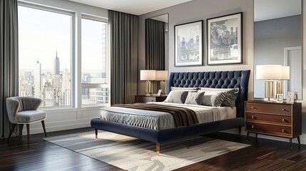 An elegant MidCentury Modern bedroom with dark wood floors and a large window offering a view of the city The room includes a platform bed with a navy blue tufted headboard and woo