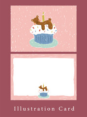 a cute teddy bear with birthday cupcake and colorful sprinkle and yellow candle on top, pink background. illustration hand painting card decoration.