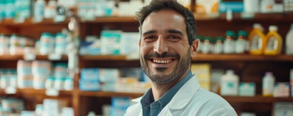 Fototapeta premium A smiling man in a white lab coat stands in front of a pharmacy.