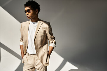 Handsome African American man in tan suit and sunglasses strikes a confident pose.