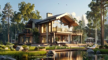 Obraz premium Building new wooden house, Building process on construction site on sunny day