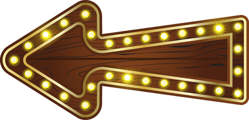 Wooden circus sign with bulb light. Marquee casino border frame with neon lamp, Isolated Vegas lights for ui game illustration. Wood and gold illuminated night club direction led element. © Mariia