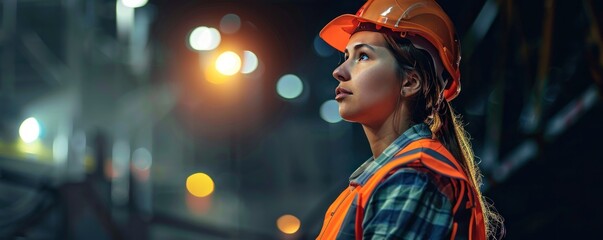 Obraz premium A woman wearing a safety vest and a hard hat is looking up at something. Concept of caution and responsibility, as the woman is likely working in a hazardous environment