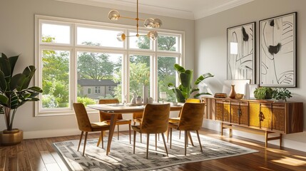 A sophisticated dining room with MidCentury Modern design