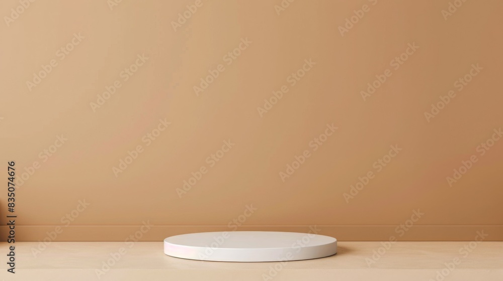 Poster a minimalist round white display stand sits on a wooden surface against a plain beige background, il